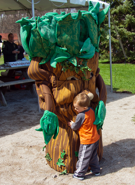 Boy hugs Woody the Tree. Photo by Mitzy Smetters